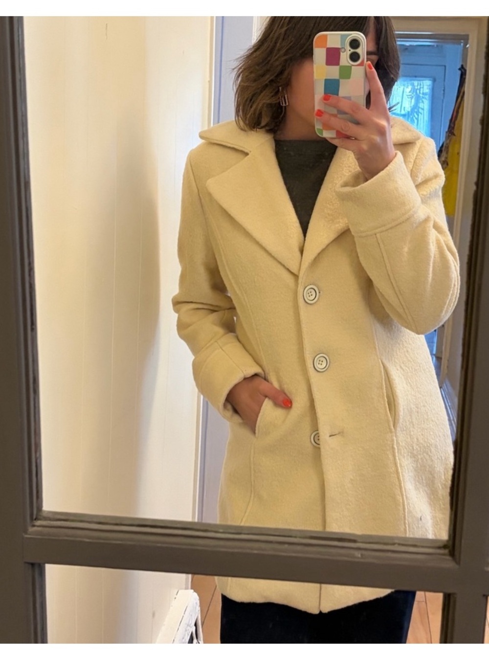 70% Wool Blend Cream Soft White Button-Front Fall/Winter Coat